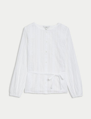 Pure Cotton Pleated Tie Front Blouse Image 2 of 5