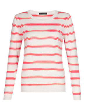 Pure Cotton Pointelle Striped Jumper Image 2 of 3