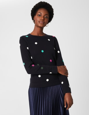Pure Cotton Polka Dot Crew Neck Jumper Hobbs M S