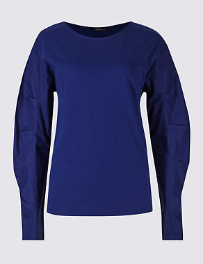 Pure Cotton Poplin Ruched Sleeve T-Shirt Image 2 of 5