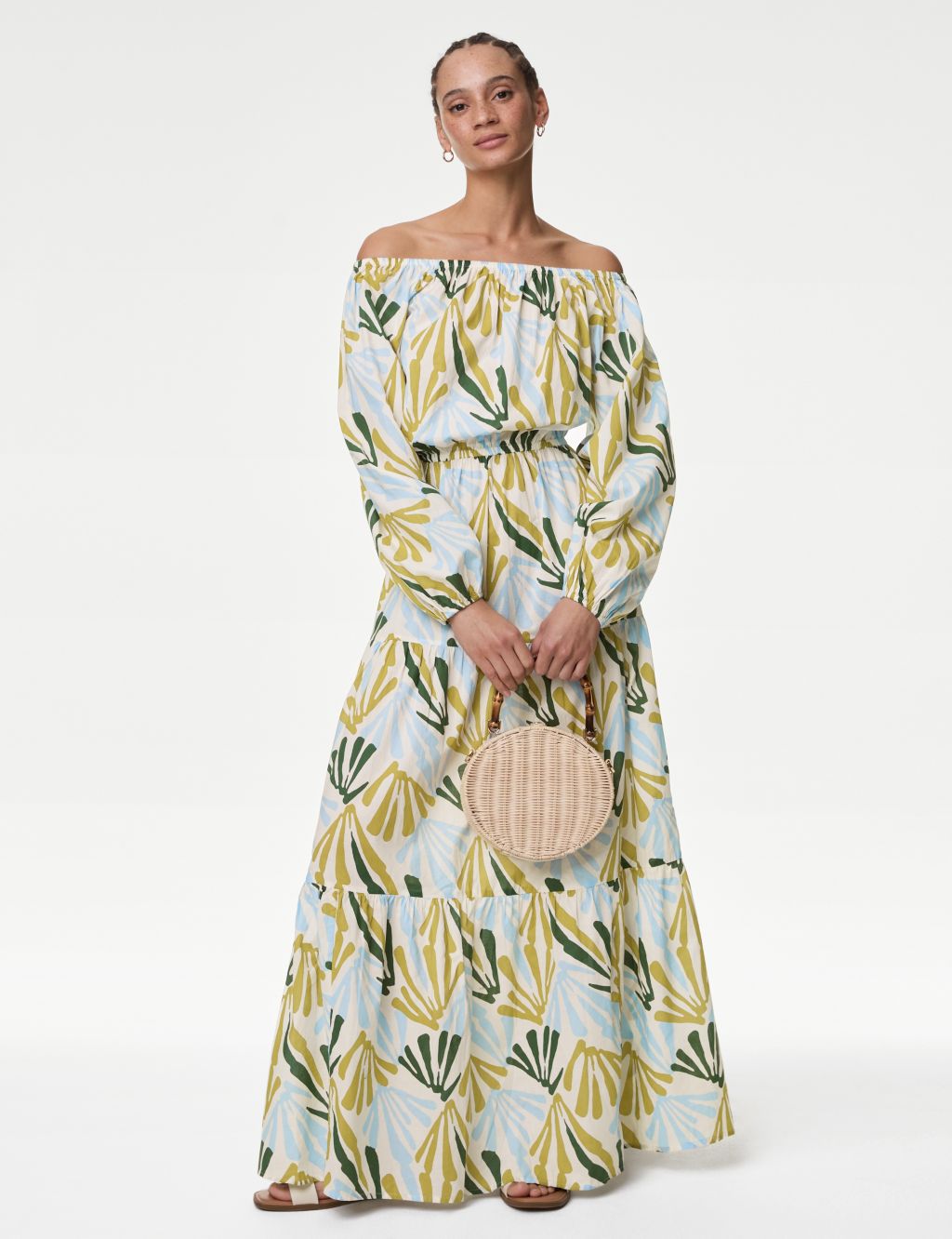 Pure Cotton Printed Bardot Midaxi Beach Dress 3 of 5