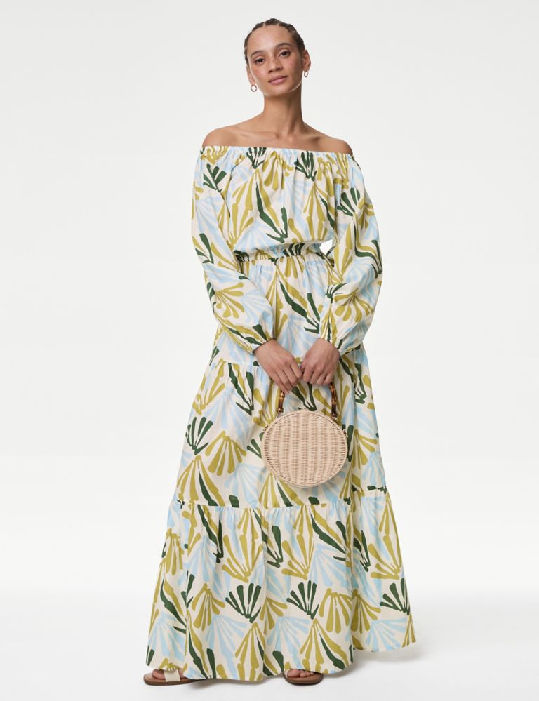 Pure Cotton Printed Bardot Midaxi Beach Dress 1 of 5