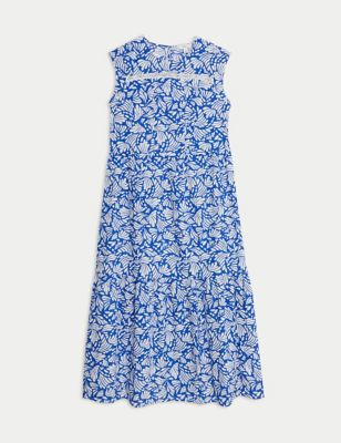 Pure Cotton Printed Pintuck Midi Tiered Dress Image 2 of 5