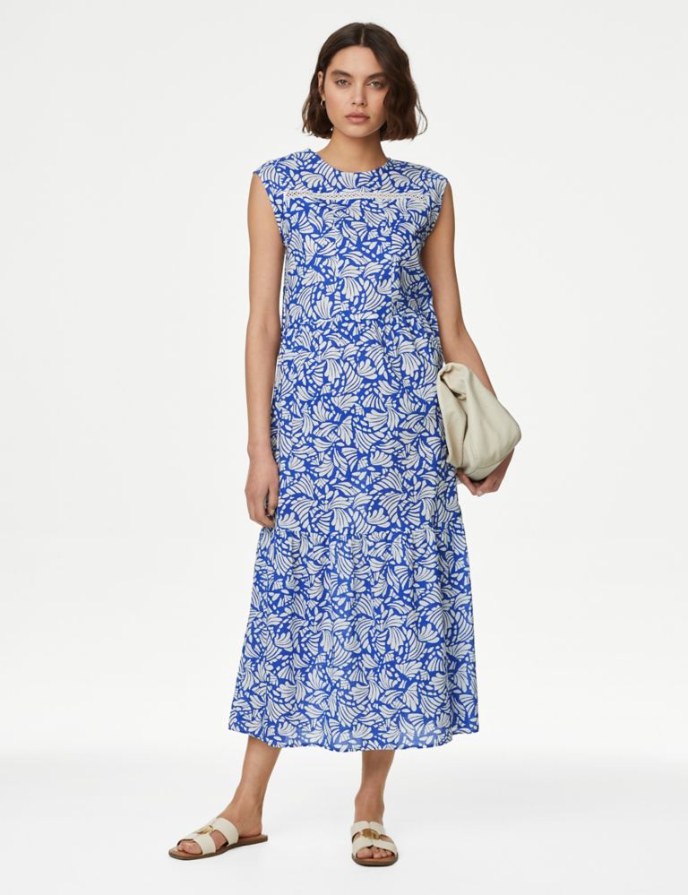 Pure Cotton Printed Pintuck Midi Tiered Dress 3 of 5