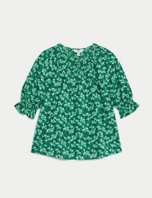 Pure Cotton Printed Shirred Detail Blouse Image 2 of 5