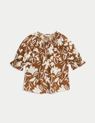 Pure Cotton Printed Shirred Detail Blouse Image 2 of 5