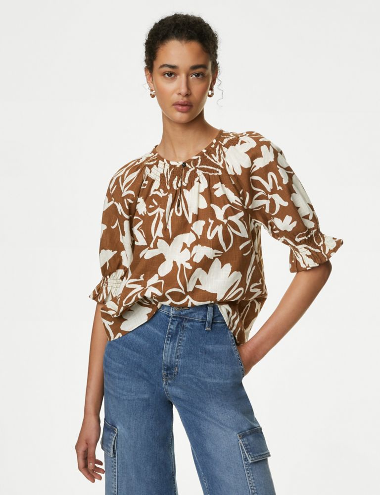 Pure Cotton Printed Shirred Detail Blouse 4 of 5