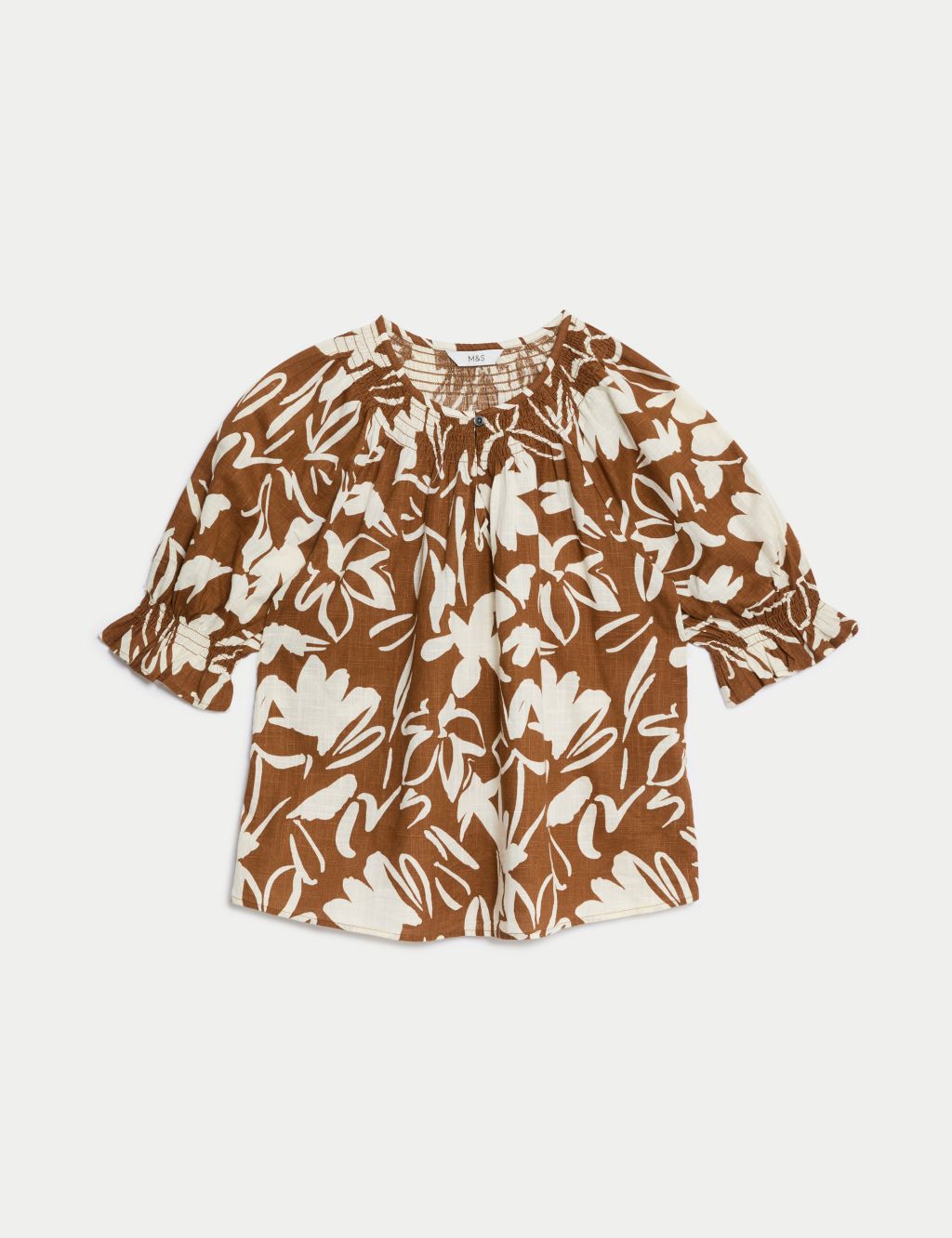 Pure Cotton Printed Shirred Detail Blouse 1 of 5