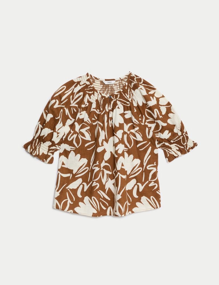 Pure Cotton Printed Shirred Detail Blouse 2 of 5