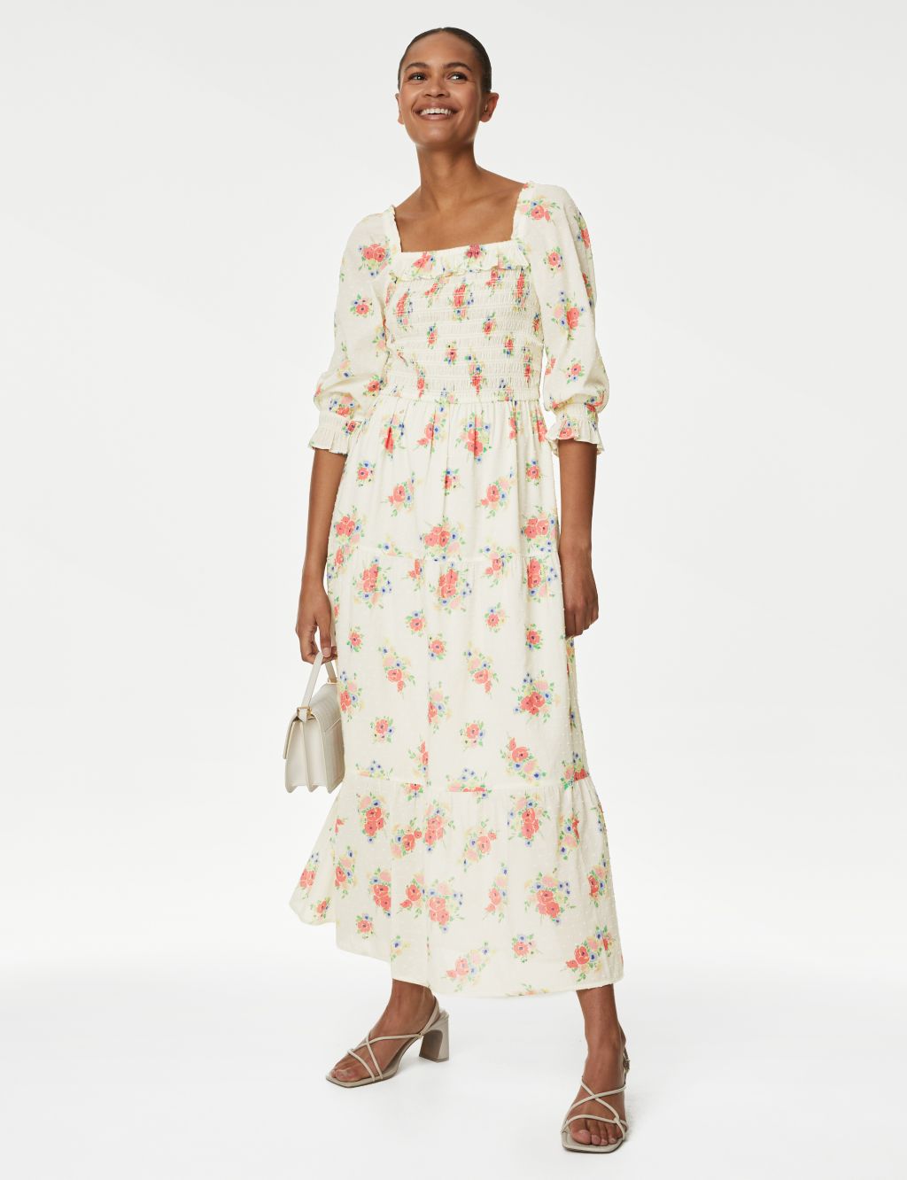 Pure Cotton Printed Shirred Midaxi Dress | M&S Collection | M&S