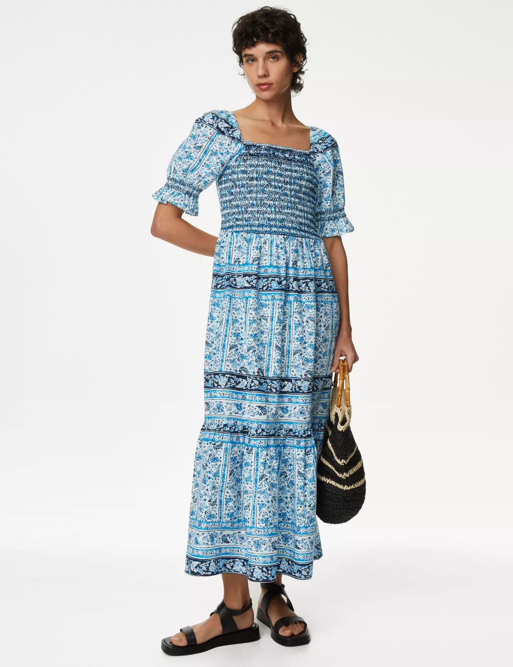 Pure Cotton Printed Square Neck Midi Dress | M&S Collection | M&S