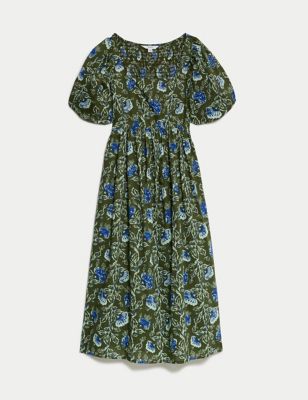 Pure Cotton Printed Square Neck Midi Waisted Dress Image 2 of 6