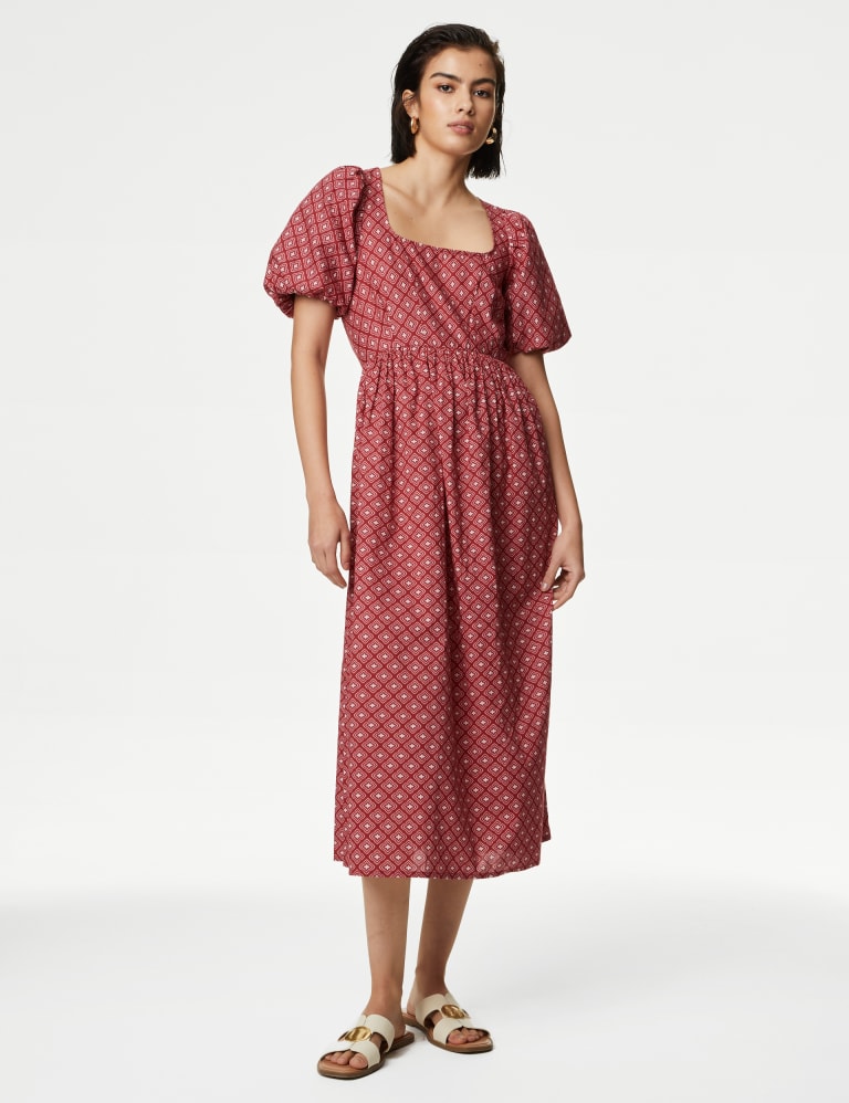 Pure Cotton Printed Square Neck Midi Waisted Dress, M&S Collection