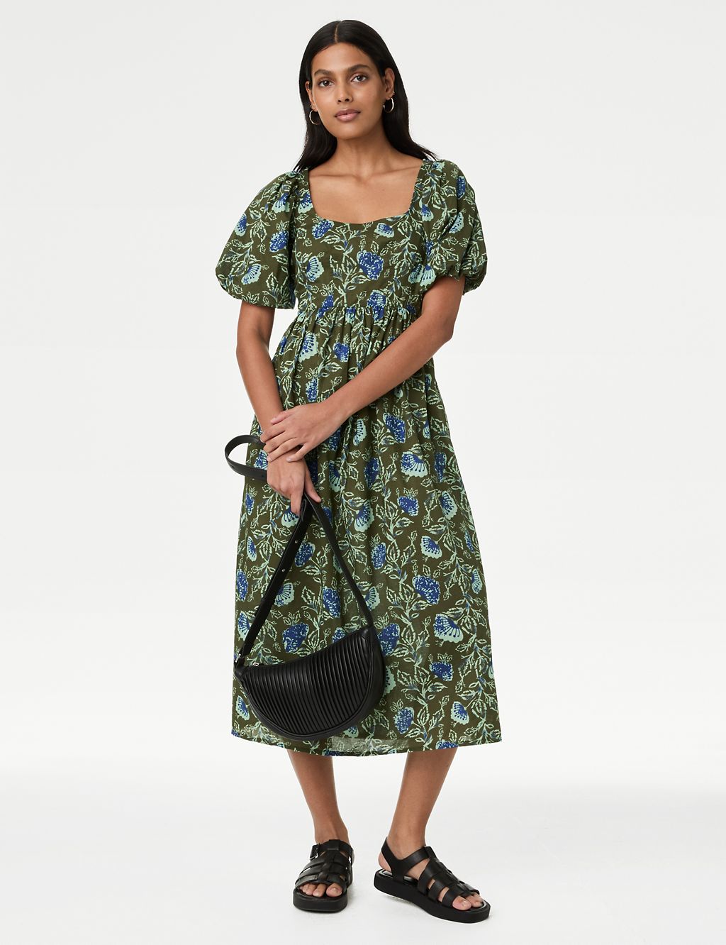 Pure Cotton Printed Square Neck Midi Waisted Dress 2 of 6