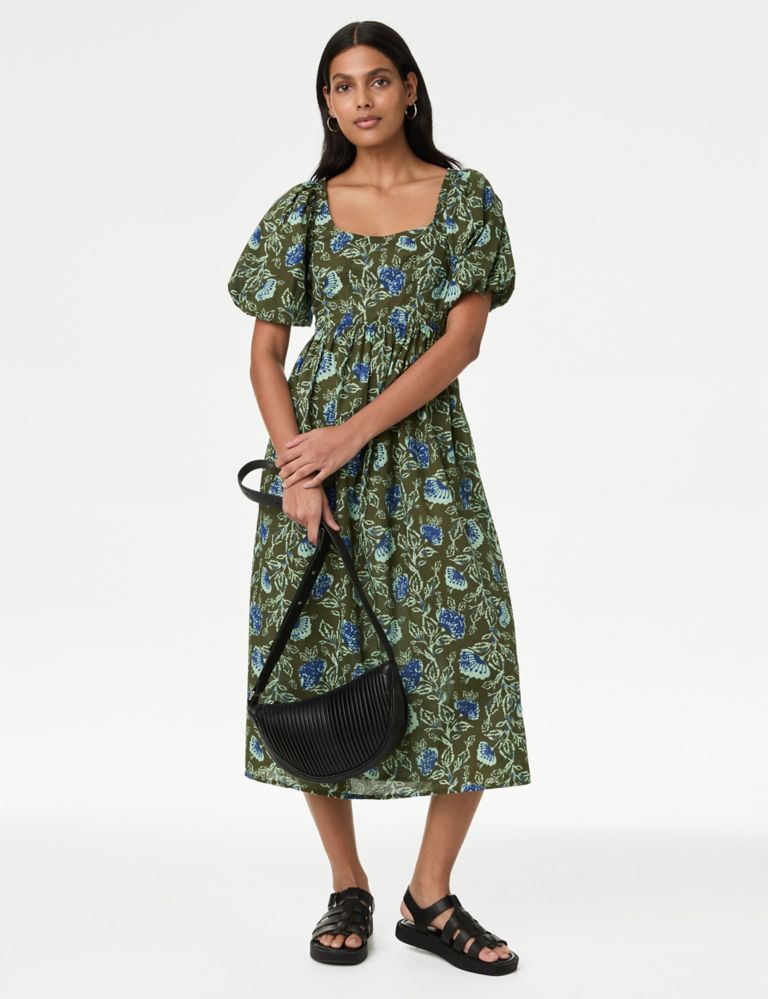 Pure Cotton Printed Square Neck Midi Waisted Dress 3 of 6