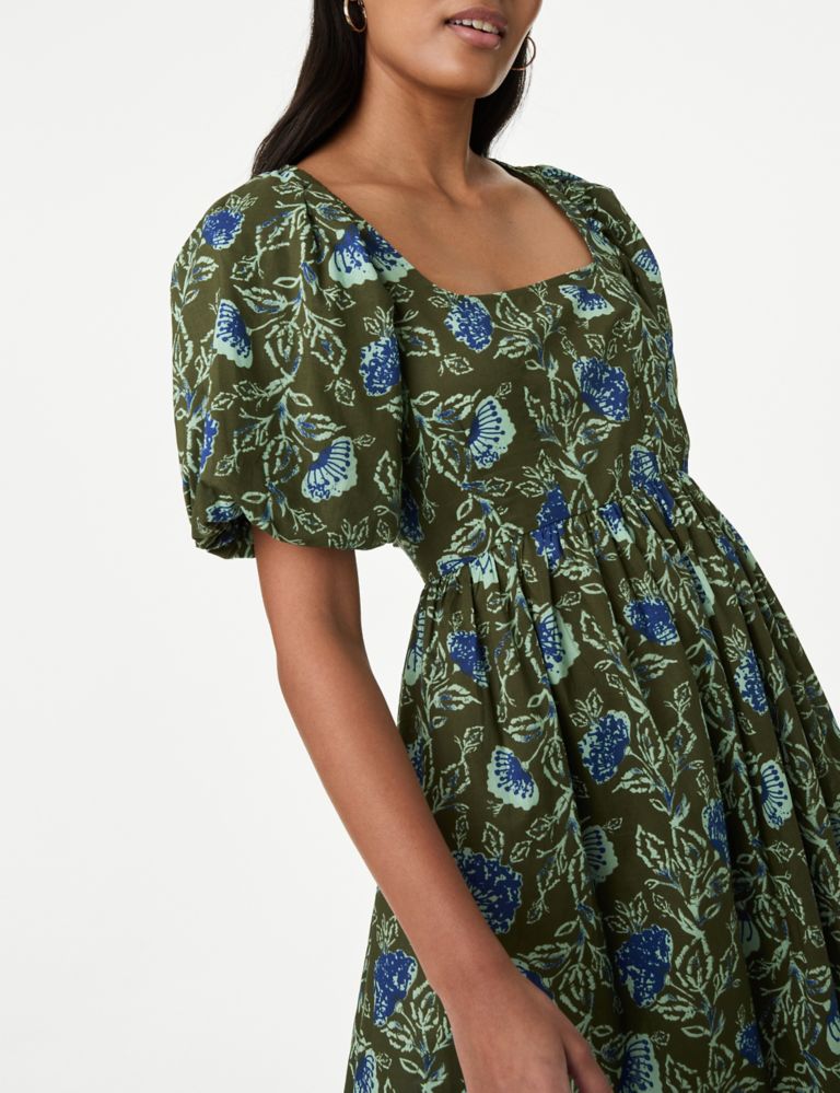Pure Cotton Printed Square Neck Midi Waisted Dress 4 of 6