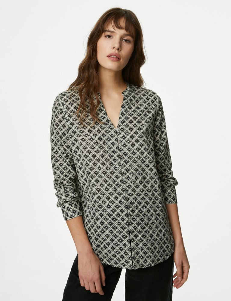 Pure Cotton Printed Textured V-Neck Shirt 4 of 5