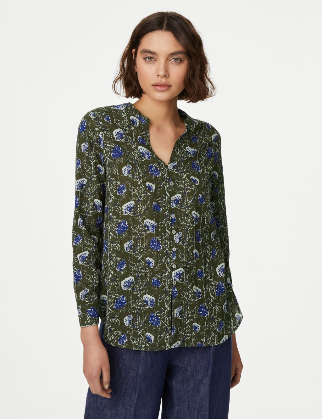 Pure Cotton Printed Textured V-Neck Shirt 2 of 5