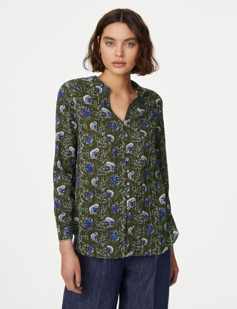 Pure Cotton Printed Textured V-Neck Shirt 3 of 5