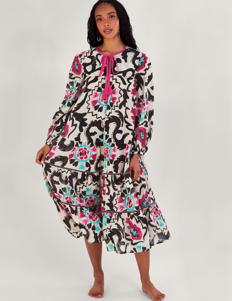 Pure Cotton Printed Tie Neck Midi Kaftan 1 of 5