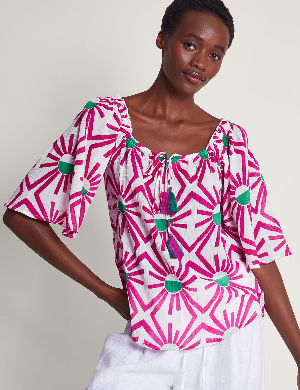 Pure Cotton Printed Tie Neck Relaxed Blouse | Monsoon | M&S