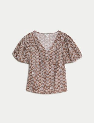 Pure Cotton Printed V-Neck Blouse Image 2 of 5