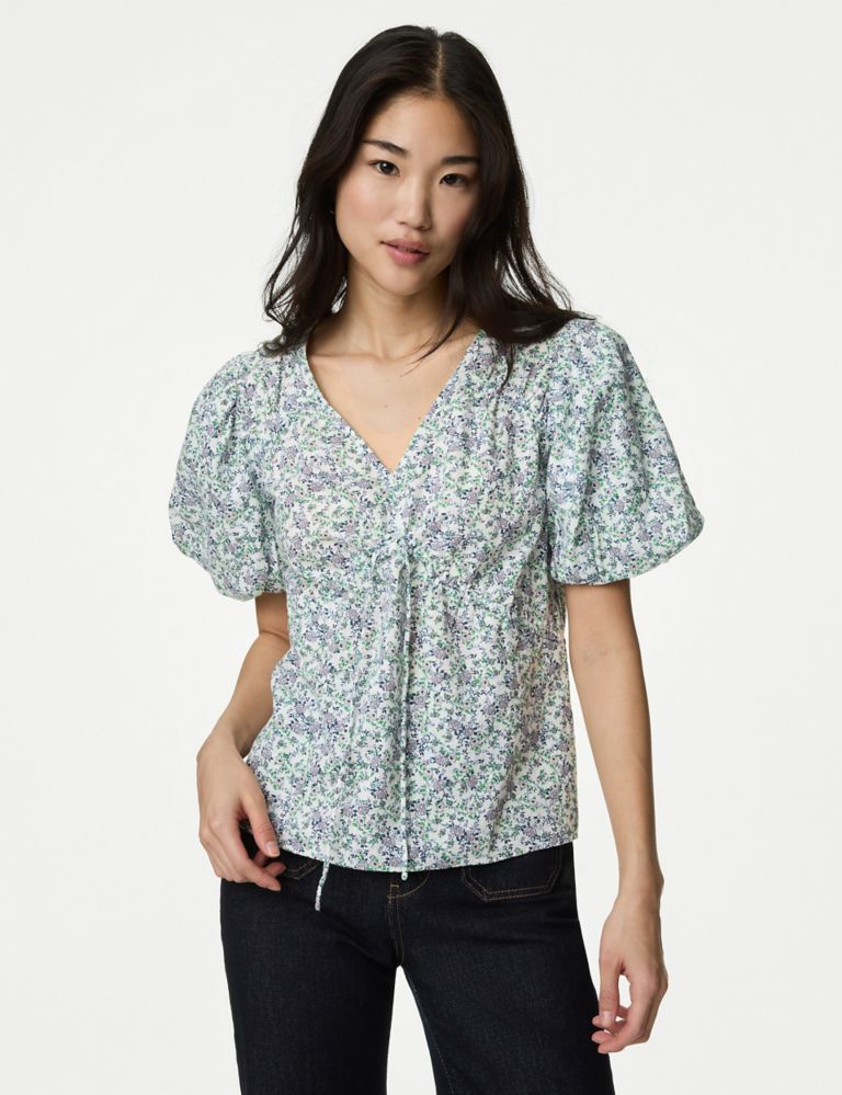 Pure Cotton Printed V-Neck Blouse 3 of 5