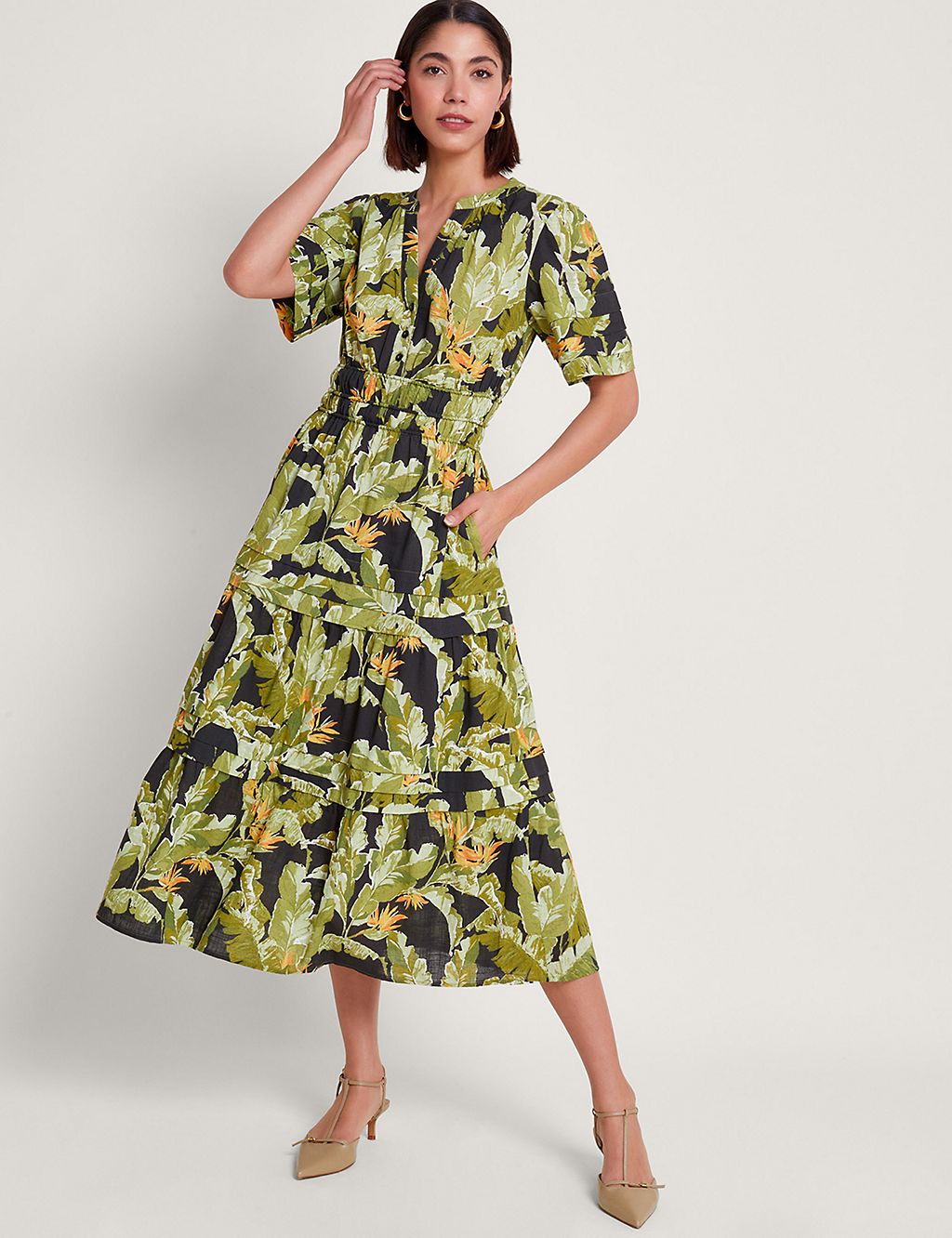 Pure Cotton Printed V-Neck Midi Tiered Dress 3 of 4