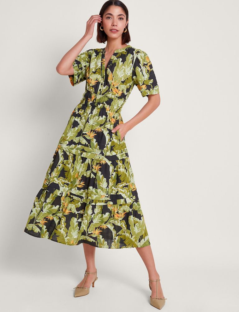 Pure Cotton Printed V-Neck Midi Tiered Dress 1 of 4