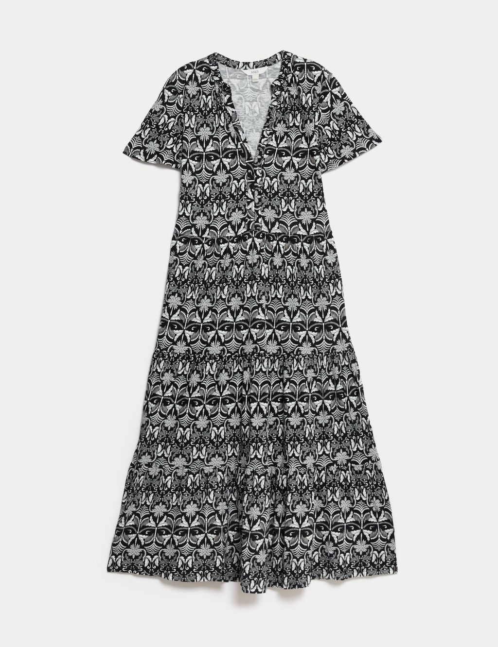 Pure Cotton Printed V-Neck Midi Tiered Dress 1 of 5
