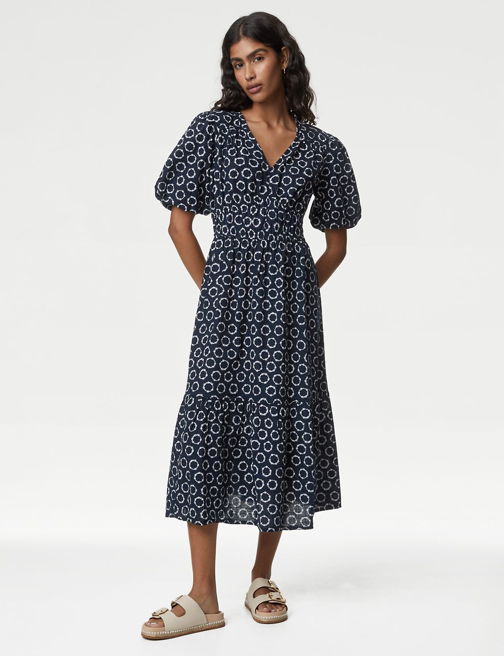 Pure Cotton Printed V-Neck Tiered Midi Dress 3 of 4