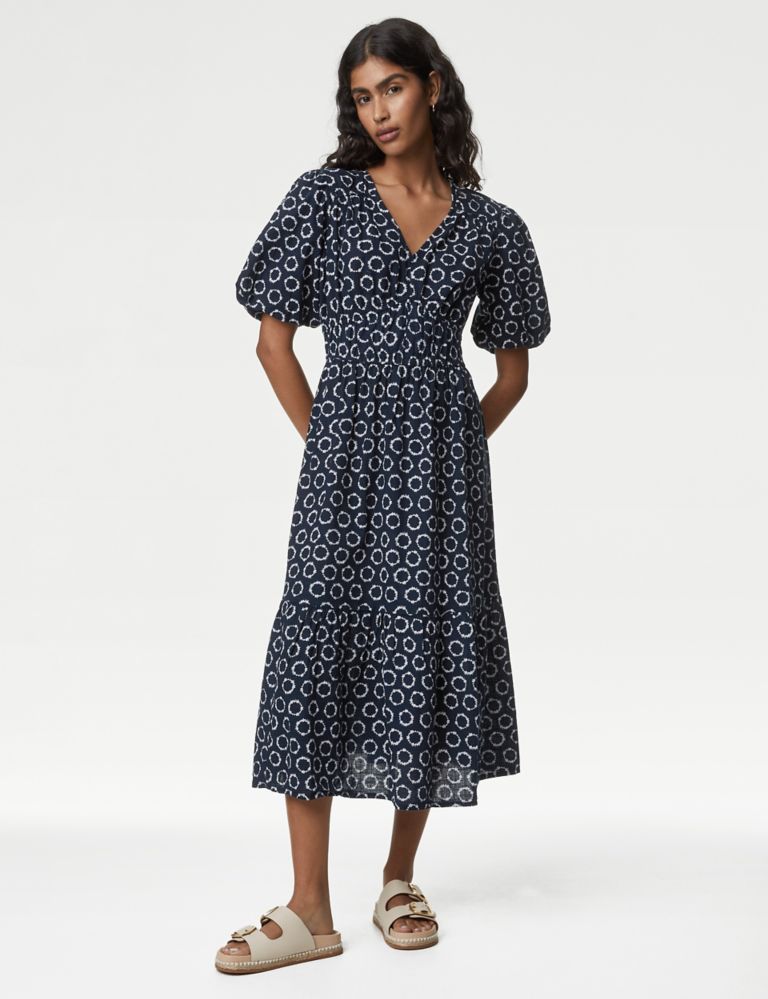 Pure Cotton Printed V-Neck Tiered Midi Dress 1 of 4