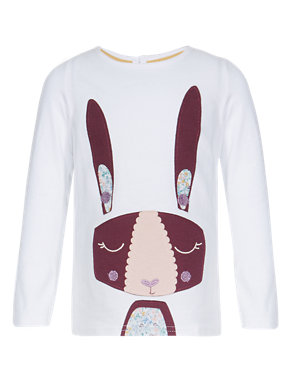 Pure Cotton Rabbit Appliqué T-Shirt with StayNEW™ (1-7 Years) Image 2 of 3