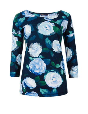 Pure Cotton Relaxed Fit 3/4 Sleeve Floral T-Shirt Image 2 of 4