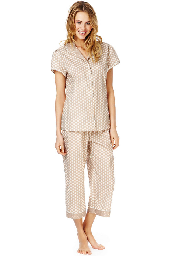 Pure Cotton Revere Collar Spotted Cropped Pyjamas Image 1 of 1