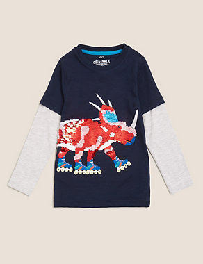 Pure Cotton Reversible Sequin Dinosaur Top (2-7 Yrs) Image 2 of 6