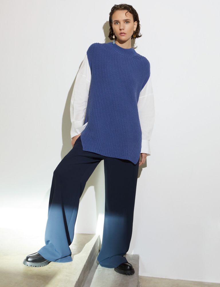 Pure Cotton Ribbed Funnel Neck Knitted Vest 1 of 3