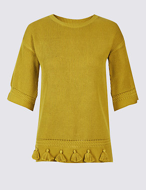 Pure Cotton Ribbed Tassel Round Neck Jumper Image 2 of 5