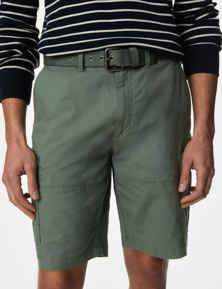 Pure Cotton Ripstop Textured  Belted Cargo Shorts 1 of 7