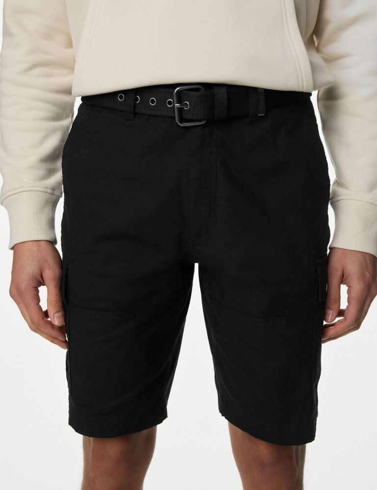 Pure Cotton Ripstop Textured  Belted Cargo Shorts 1 of 6