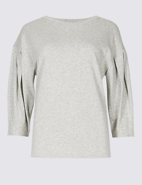 Pure Cotton Round Neck Pearl Sleeve T-Shirt Image 2 of 5