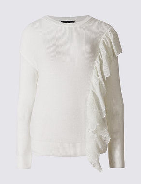 Pure Cotton Ruffle Round Neck Jumper Image 2 of 4