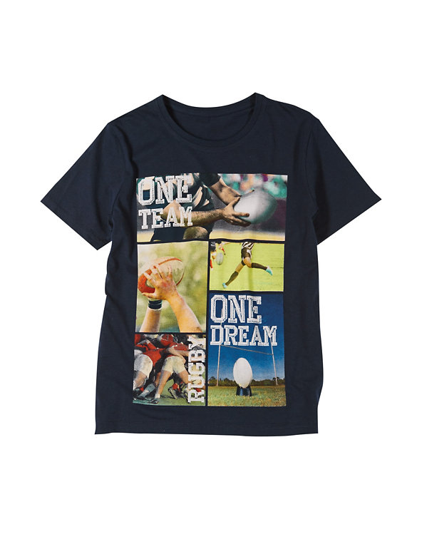 Pure Cotton Rugby Theme Print T-Shirt (5-14 Years) Image 1 of 2