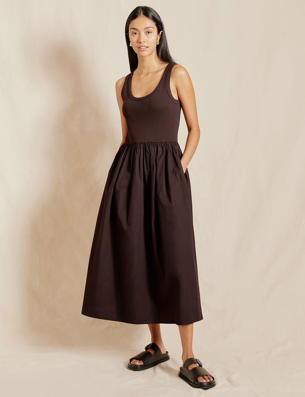 Pure Cotton Scoop Neck Midi Waisted Dress 3 of 5