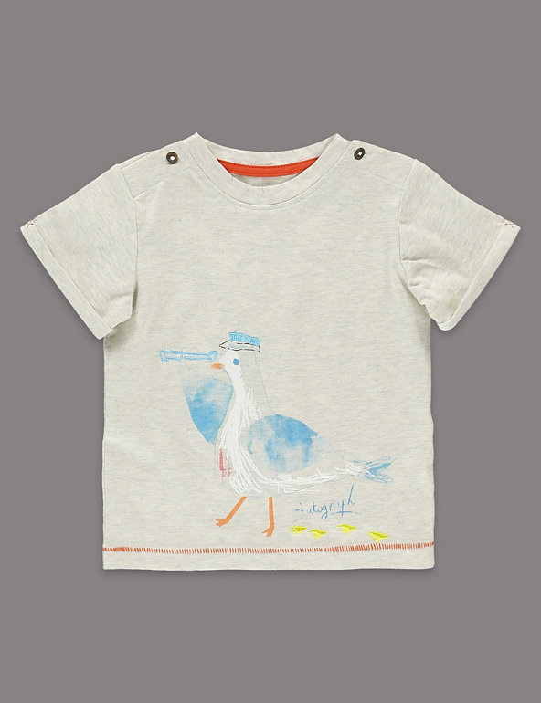 Pure Cotton Seagull Print T-Shirt Image 1 of 2