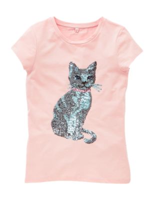 Pure Cotton Sequin Embellished Cat Girls T-Shirt (5-14 Years) Image 2 of 4