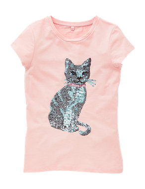 Pure Cotton Sequin Embellished Cat Girls T-Shirt (5-14 Years) Image 2 of 4