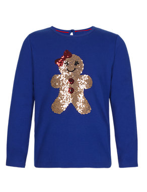 Pure Cotton Sequin Embellished Gingerbread T-Shirt (1-7 Years) Image 2 of 3