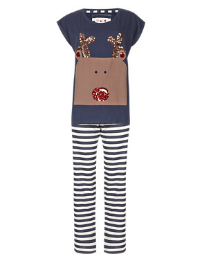 Pure Cotton Sequin Embellished Reindeer Pyjamas Image 2 of 5