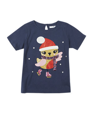 Pure Cotton Sequin Embellished Robin Christmas T-Shirt (1-7 Years) Image 2 of 3
